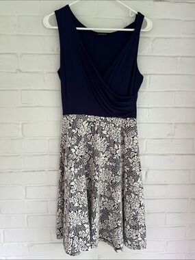 Navy and White Floral Midi Dress with Draped Bodice